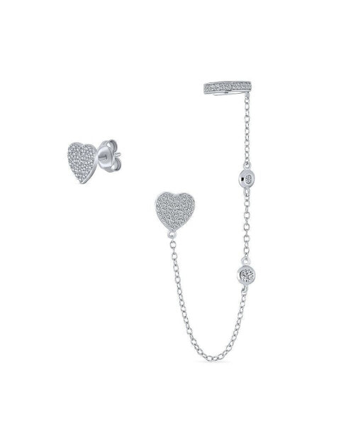 Heart Shaped Chain Cartilage Ear Cuff Wrap Earring Pave CZ Stud Helix Earring Stud Set .925 Sterling Silver