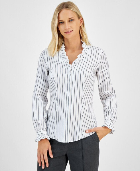 Women's Striped Ruffle-Trim Button-Front Cotton Shirt