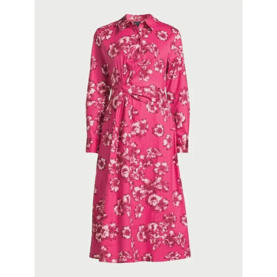 Scoop Side Knot Poplin Midi Shirtdress Women's Pink Cotton Pullover Floral Large