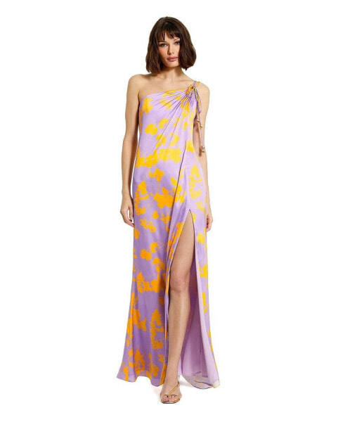 Women's Printed Charmeuse One Shoulder Slit Detail Gown