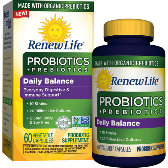 Renew Life Daily Balance Probiotics plus Prebiotics Ежедневный комплекс пробиотиков и пребиотиков 10 штаммов 20 млрд КОЕ  60 веганских капсул