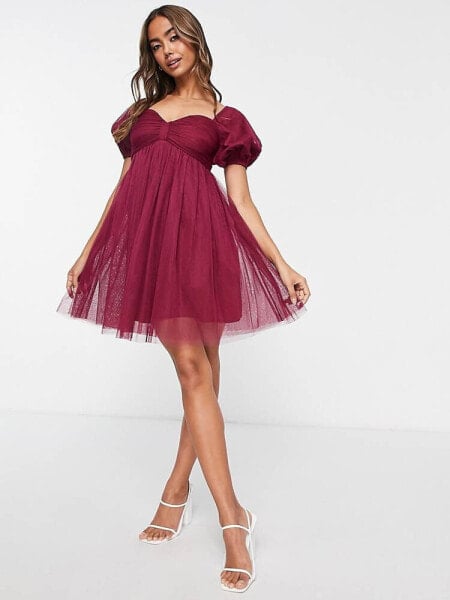 Anaya With Love mini puff sleeve dress in red plum - RED