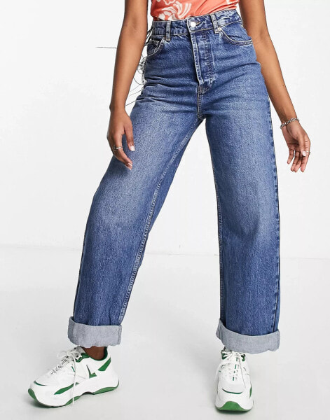 Topshop One oversized Mom jeans in mid blue