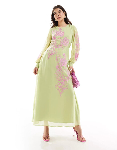 Hope & Ivy premium full maxi dress in mint and purple embroidery