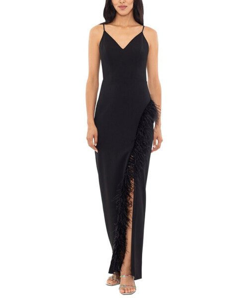 Women's V-Neck Feather-Trimmed High-Slit Gown