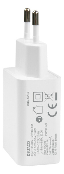 Deltaco USB-C wall charger 1x PD 20 W 1 m cable white