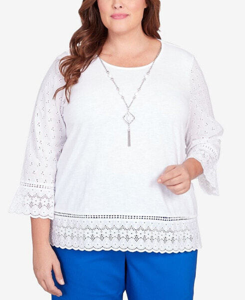 Plus Size Tradewinds Eyelet Trim Flutter Sleeve Top with Necklace