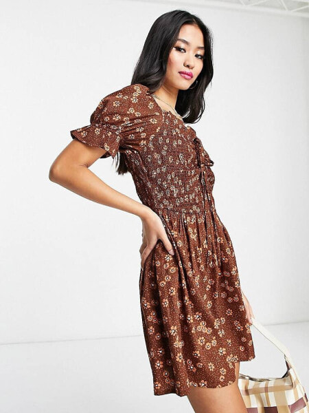 Wednesday's Girl milkmaid mini dress in brown vintage floral
