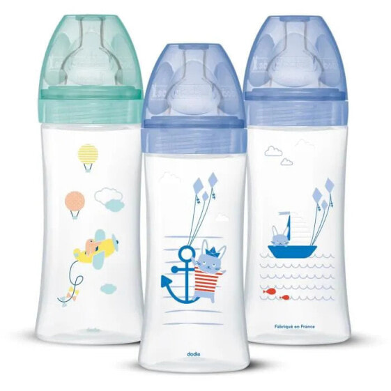 DODIE 3er-Set Sensation+ Anti-Colic-Babyflaschen 330 ml +6 Monate, Flachsauger, Flow 3 Sea Blue und Air Green