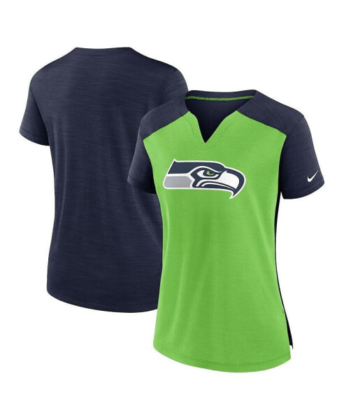 Women's Neon Green, College Navy Seattle Seahawks Impact Exceed Performance Notch Neck T-shirt