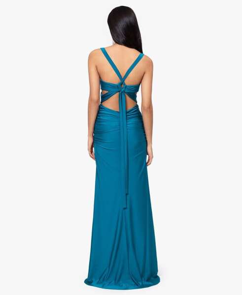 Juniors' Ruched Tie-Back Sleeveless Gown