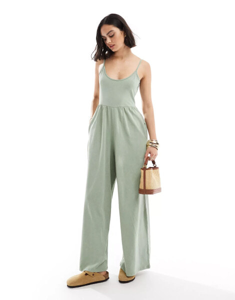 ASOS DESIGN scoop strappy washed jersey wide leg jumpsuit