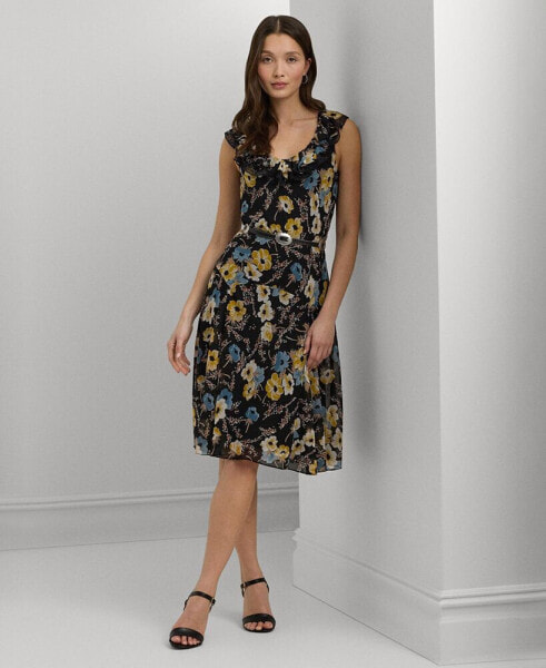 Women's Belted Floral A-Line Dress