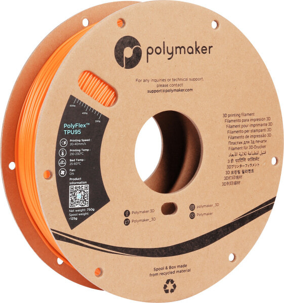 Гибкий Полиуретановый нить Orange 1.75 мм 750 г Polymaker LLC PD01006 PolyFlex TPU-95A Orange 1 Шт.