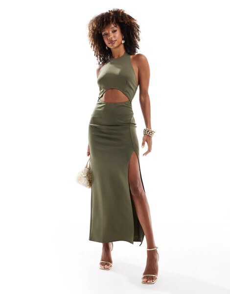 ASOS DESIGN scuba cut out detail midi dress in khaki