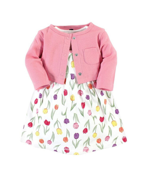 Baby Girls Cotton Dress and Cardigan Set, Spring Tulips