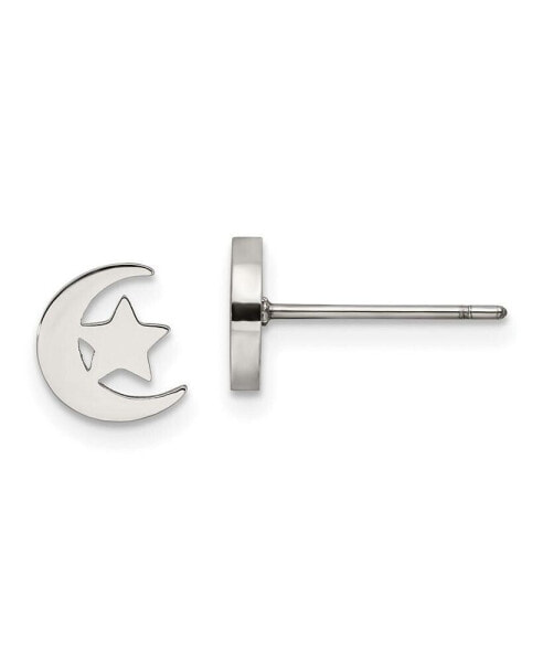 Stainless Steel Polished Moon and Star Earrings
