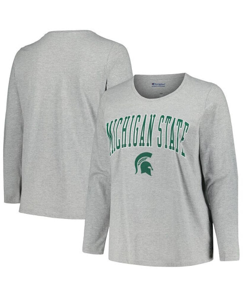 Women's Heather Gray Michigan State Spartans Plus Size Arch Over Logo Scoop Neck Long Sleeve T-shirt