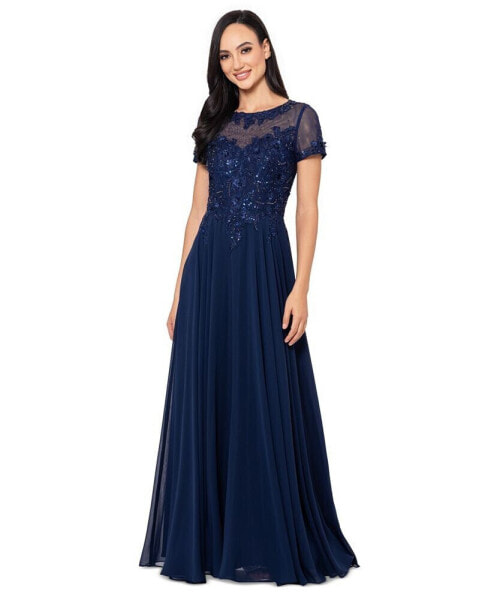 Petite Embellished Illusion-Bodice Gown