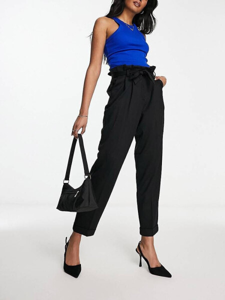 ASOS DESIGN ponte peg trouser with paperbag tie waist in black