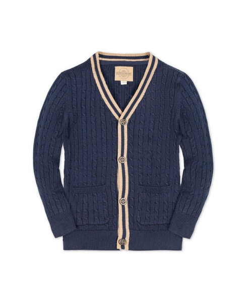 Boys Organic Long Sleeve Cable Knit Cardigan Sweater with Stripe Trim