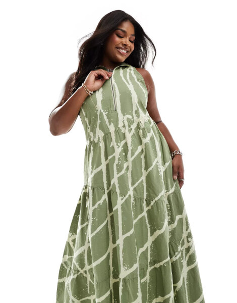 COLLUSION Plus cotton zip maxi smock dress in green abstract wash