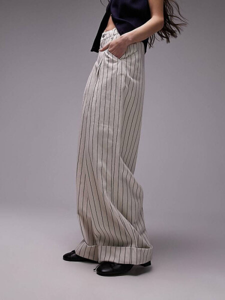 Topshop stripe wide leg turn back hem trourser in ecru