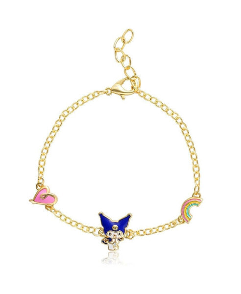 Sanrio and Friends Womens 18kt Gold Flash Plated Kuromi Station Bracelet with Heart and Rainbow, 6.5 + 1", Officially Licensed