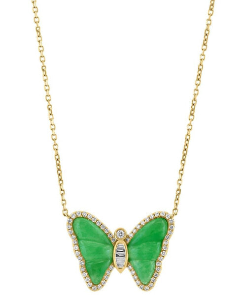 EFFY Collection eFFY® Dyed Jade & Diamond (1/4 ct. t.w.) Butterfly 18" Pendant Necklace in 14k Gold