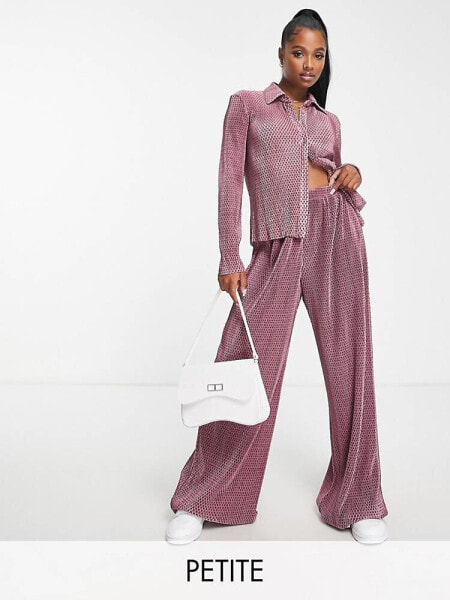 Glamorous Petite wide leg plisse trousers in purple spot co-ord