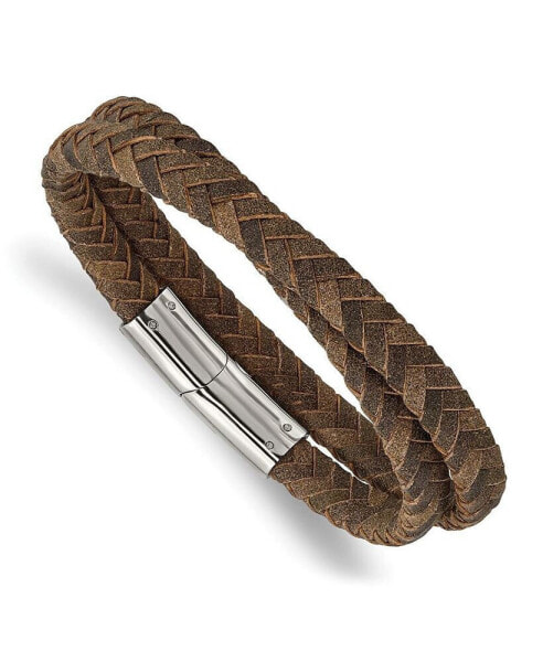 Stainless Steel Brown Braided Leather Wrap Bracelet