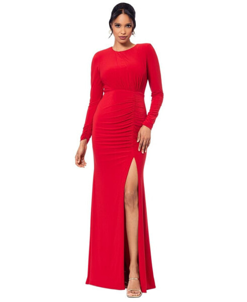 Women's Ruched Long-Sleeve Slit Gown