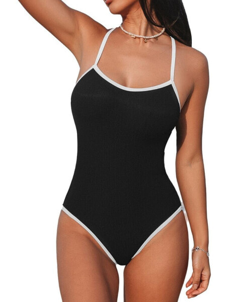 Women's Black Ribbed Crossback Standard Coverage One-Piece