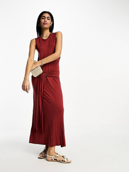 ASOS DESIGN crew neck sleeveless midi dress with sarong tie skirt in terracotta