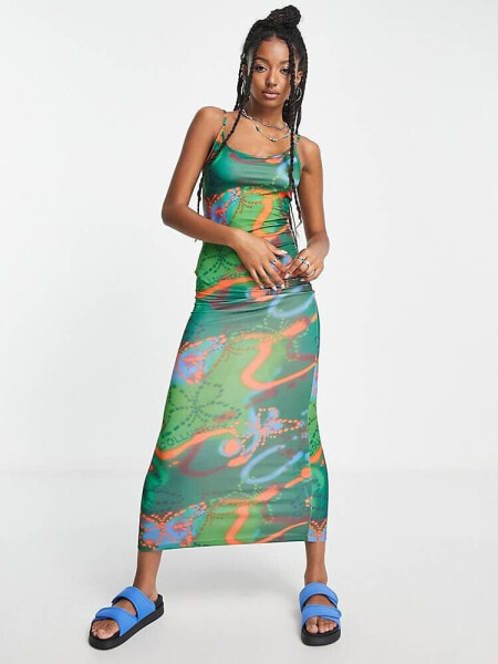 COLLUSION butterfly print cami maxi dress in green