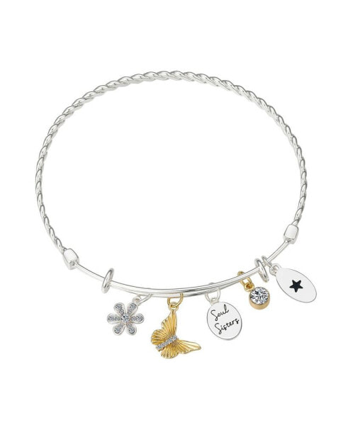 Crystal Flower, Butterfly And Bezel Charm Bracelet