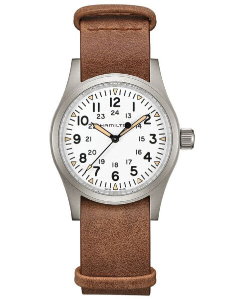 Men's Swiss Mechanical Khaki Field Brown Leather Strap Watch 38mm