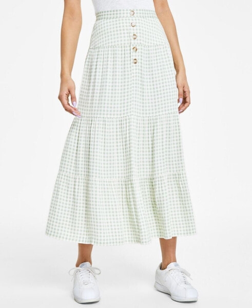 Juniors' Gingham Tiered Midi Skirt