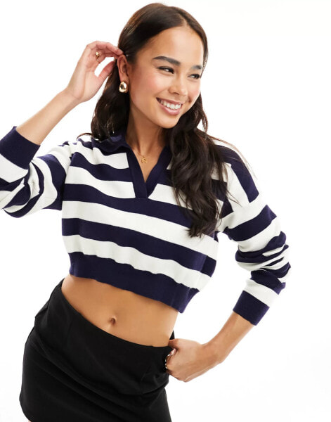 Bershka polo neck jumper in navy & white stripe