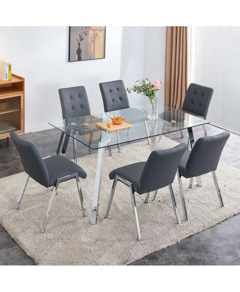 Glass Dining Set with 6 Grey Chairs