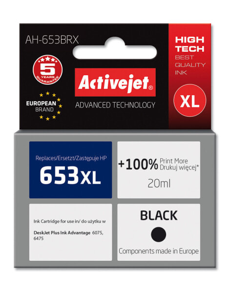 Activejet AH-653BRX ink (replacement for HP 653XL 3YM75AE; Premium; 720 pages; black) - High (XL) Yield - Pigment-based ink - 20 ml - 720 pages - 1 pc(s) - Single pack