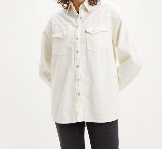 Levi's Dylan Denim Shirt Women's XL Tan White Denim Shacket Western Pearl Snap