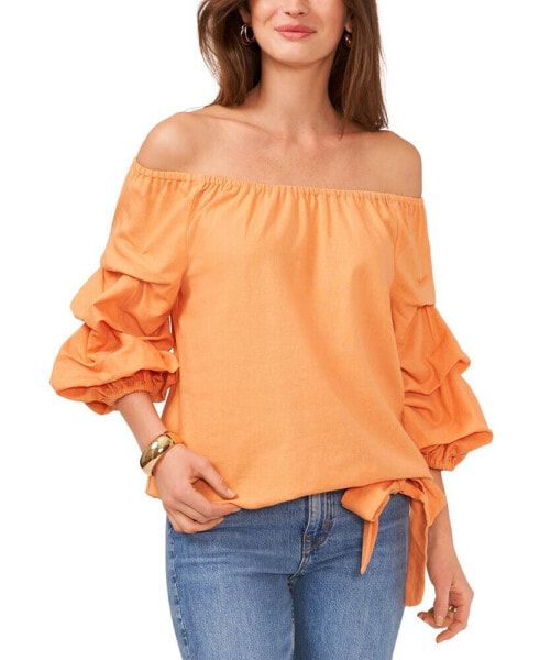 Women's Linen-Blend Off The Shoulder Bubble Sleeve Tie Front Blouse