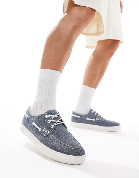 ASOS DESIGN boat shoes in blue chambray with white sole