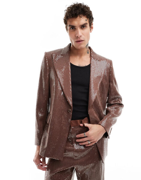 ASOS DESIGN sequin slim fit suit jacket in brown