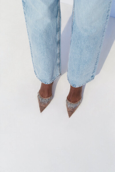 Mesh high-heel slingback shoes with embellished rhinestones