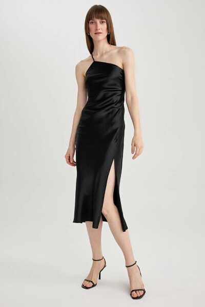 Платье MIDI черного цвета с вырезом Для одного плеча от defacto