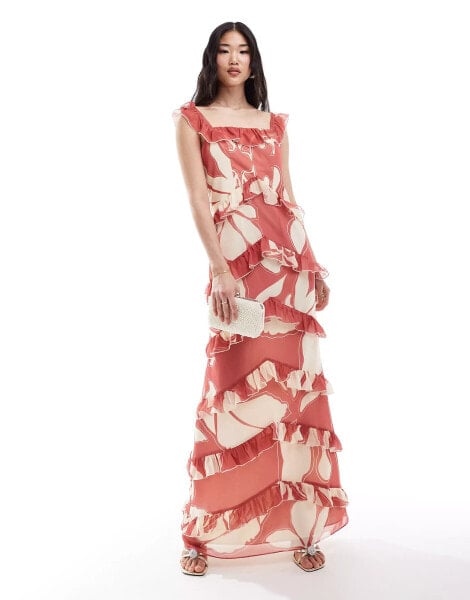 Pretty Lavish exclusive to ASOS Cecile ruffle maxi dress in terracotta floral