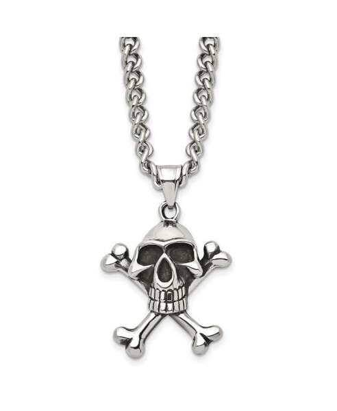 Antiqued Skull and Crossbones Pendant Curb Chain Necklace