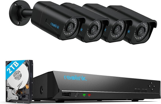 Reolink 8-Channel 4K Outdoor Surveillance Camera Kit, with 4 x 8 MP PoE IP Cameras, 2TB HDD, NVR, for 24/7 Video Recording Indoors/Outdoors, Person and Vehicle Detection, Black, RLK8-800B4-A